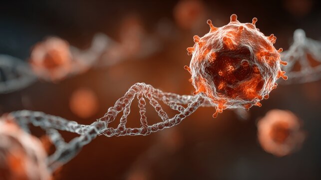 Microscopic view of virus and DNA strand in scientific environment.