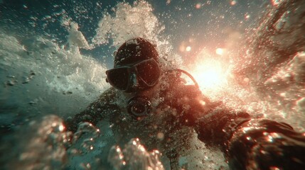 Underwater scuba diver swimming toward the surface with sunlight behind them.