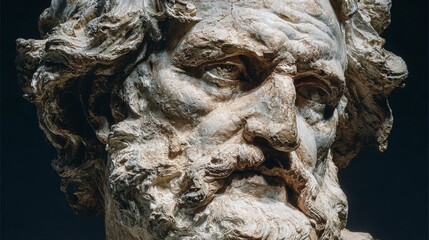 Fototapeta premium Close-up of ancient weathered marble statue head with dramatic lighting focus.