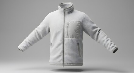 White Fleece Jacket Mockup with Zipper and Pocket, Isolated on Clean Light Grey Background for Product Display and Fashion Design