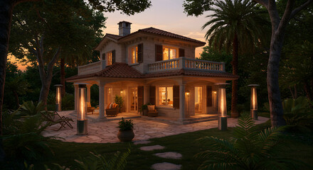 Fototapeta premium Beautiful house outdoor patio heaters backyard evening luxury home landscape design lights trees