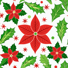 Christmas pattern with red poinsettia and green holly leaves  