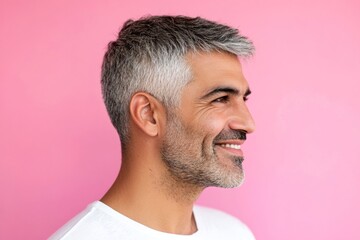 Fototapeta premium Pink solid background. Concept of style for aging men. Trendy men's textured crop haircut - midlife middle eastern man with short hair. A glowing man radiating happiness and confidence.