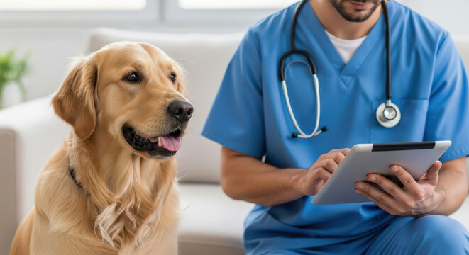 Golden Retriever Dog at the Vet with Doctor Examining Medical Records on Tablet for Pet Healthcare and Animal Wellness Checkup in a Modern Clinic