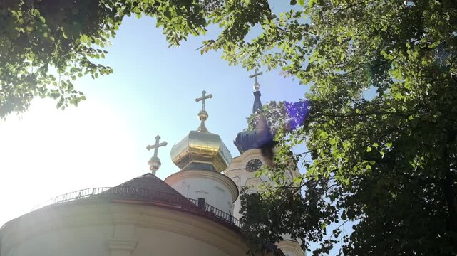 orthodox church on a sunny day with a pigeon fly by
