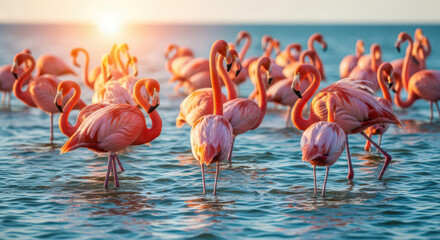 Obraz premium A Vibrant Flock of Flamingos Wades in Shallow Waters at Sunset, Their Pink Plumage Reflecting the Warm Light of the Setting Sun in a Serene Coastal Scene