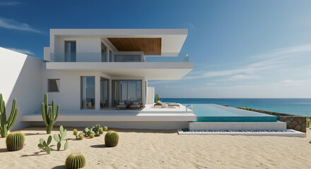 Fototapeta premium Modern luxury villa ocean view infinity pool architecture design beach house vacation home real estate dream house