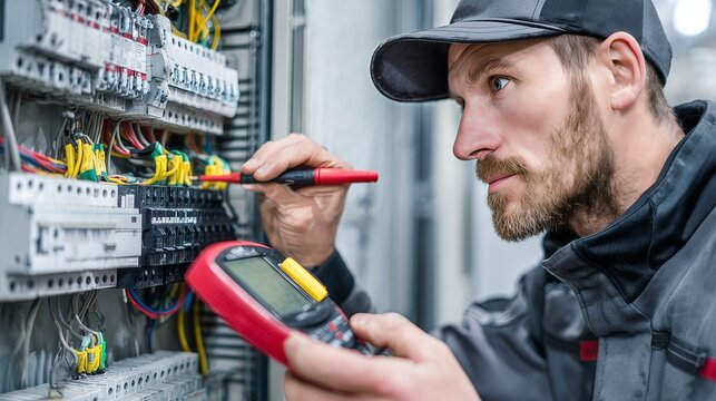 An electrician carefully working on electrical components, using tools to inspect wiring - Powered by Adobe