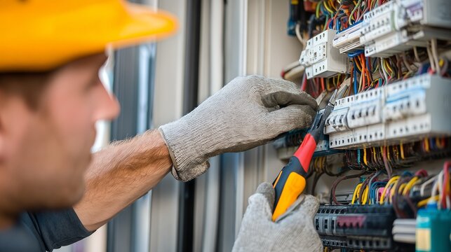 An electrician inspecting electrical panel, a close-up view capturing him at work. The electrical panel is filled with wires and circuits.