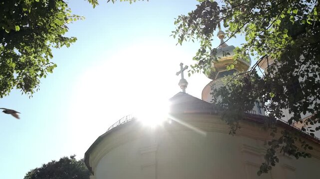 orthodox church on a sunny day with a pigeon fly by