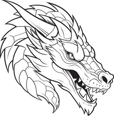 Modern Black Dragon Head Badge in Line Art Vector Logo Bold Dragon Head Black Line Art Emblem in Vector Style