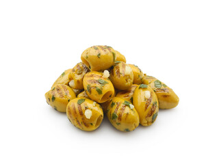 Natural grilled green olives with garlic and herbs isolated on white background © Yana Bo