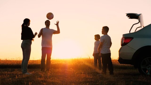 child kid crush father traveling sunset, happy family, joyful cheerful family with child, enjoying child parent communication, little son daughter playing ball with parents, family park sunset, kid