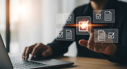 Person interacting with digital documents and checklists on a virtual interface, symbolizing task management and workflow optimization