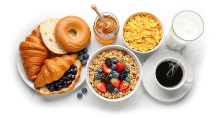 Healthy Breakfast Spread with Fresh Berries Granola Honey Coffee and Milk on White Background