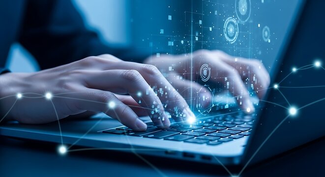 Closeup of a persons hands typing on a laptop keyboard, with glowing digital network connections and data streams emanating from the keys, symbolizing technology and connectivity