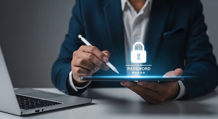 Businessman using a stylus on a tablet with a glowing padlock icon symbolizing password security and digital data protection