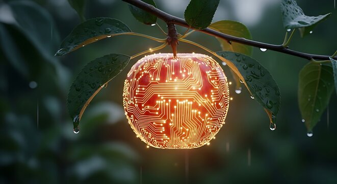 A glowing red apple with a circuit board pattern, symbolizing the fusion of nature and technology, hanging from a tree branch with water droplets