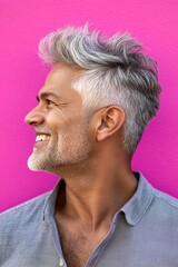 Fototapeta premium Fashionable men's two-block cut haircut - midlife indian man with short hair. Idea of style for aging men. Pink solid background. A middle-aged man looking happy and relaxed.
