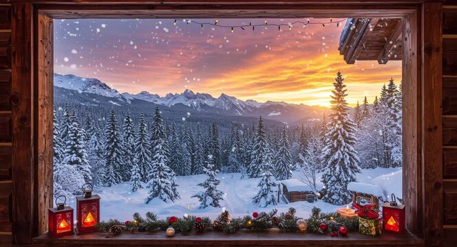 Wooden cabin window overlooking snowy winter landscape with beautiful scenery
Seamless looping, virtual video animation background. Generated AI	