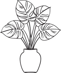 Minimalist Monstera Vase Vector Black Line Logo Elegant Monstera Leaf Vase Line Drawing Icon