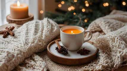 Cozy candle and blanket ambiance. Cinnamon and star anise add a festive touch.