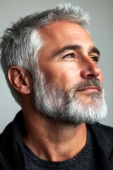 Obraz premium A cheerful and glowing gentleman with a relaxed demeanor. Trendy men's textured crop haircut - midlife white man with hair. Pure white solid background. Visual idea of style for aging men.