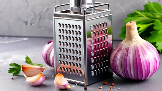 Culinary Essentials: A close-up captures a gleaming grater alongside whole and partially peeled garlic bulbs and fresh parsley leaves, presenting essential culinary ingredients.