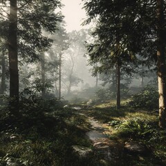 Fototapeta premium Ethereal Forest Path: Exploring Nature's Serenity Amidst Foggy Mystique and Sunlit Beauty