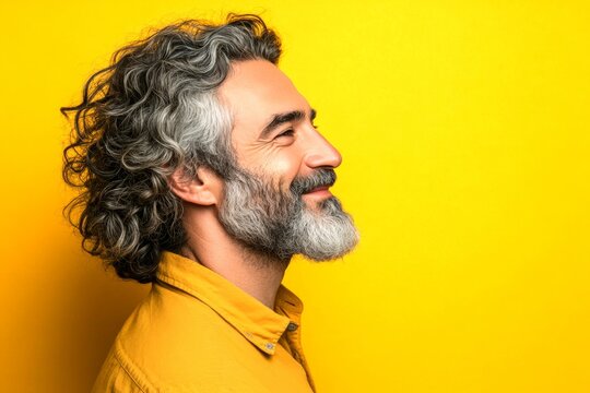 Yellow solid background. Fashionable men's two-block cut haircut - midlife arabian man with curly hair. Concept drawing of style for aging men. A man with a natural glow and soft masculinity.