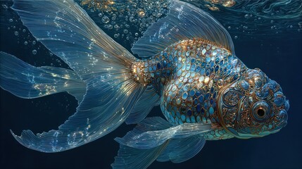 Fototapeta premium Goldfish swimming gracefully underwater with ethereal light and shimmering scales.