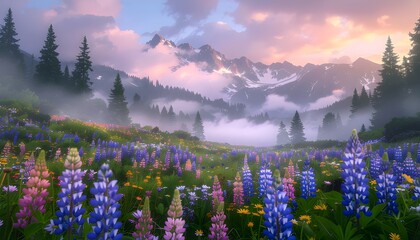 Enchanting twilight over a vibrant mountain meadow A picturesque landscape concept with colorful wildflowers, misty forests, and towering peaks.