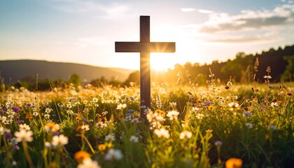 Wooden cross in a meadow at sunset