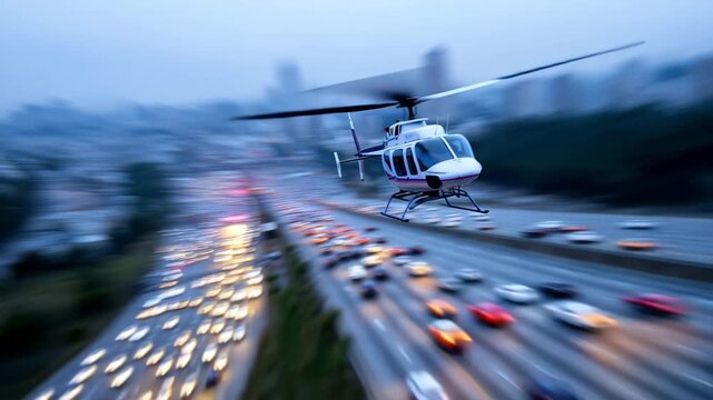 Low-level helicopter skimming a congested urban highway &mdash; dynamic forward dolly with radial motion blur and slight bank