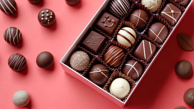 Delectable Chocolate Assortment: A close-up shot of a luxurious box of assorted chocolates with various shapes and textures, offering a tantalizing treat for the senses. 