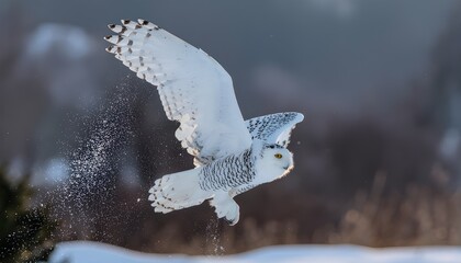 Obraz premium Majestic snowy owl in flight, illuminated by winter light as it kicks up a cloud of sparkling snow