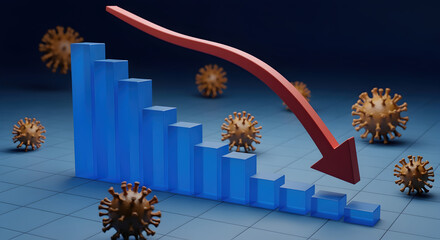 Conceptual 3D Rendering Showing Financial Decline Due to a Virus with Blue Bars, Red Arrow and Virus Cells on Blue Backdrop