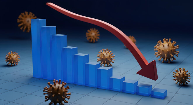 Conceptual 3D Rendering Showing Financial Decline Due to a Virus with Blue Bars, Red Arrow and Virus Cells on Blue Backdrop