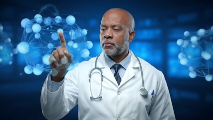 doctor interacting with a futuristic interface showing a molecular structure, symbolizing medical innovation. - Powered by Adobe