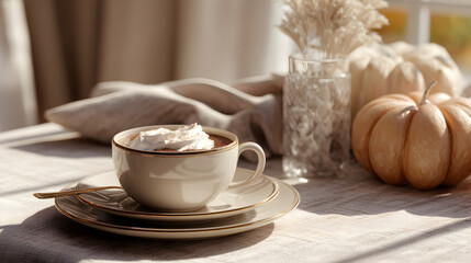 Fototapeta premium Cozy cocoa break with creamy topping, rustic autumn decor for a warm seasonal moment