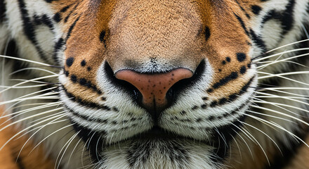"Tiger Nose Close-Up &ndash; Detailed View of Wild Cat Muzzle and Whiskers"