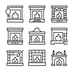 Iron collection vector stick stone setup burning icon vintage wood fireplace
