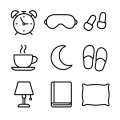Sleep alarm book cup icon closed free mask tech vector slippers tea