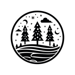 Winter Landscape Circle Icon with Snowfall and Crescent Moon