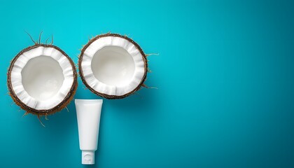 Fototapeta premium Fresh coconut halves and a white skincare tube on a vibrant blue background, top view with copy space
