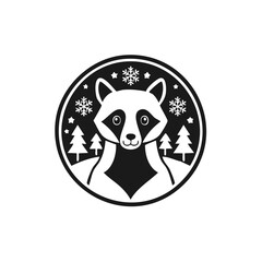 Raccoon in Winter Scene Circular Design, Snowflakes and Evergreen Trees