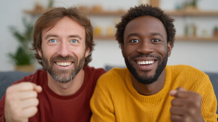 Two friends enthusiastically watching a sports game at home