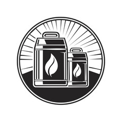 Monochrome gas cans vector illustration with leaf flame icon within a circular emblem with radiating lines