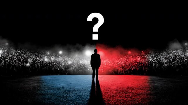 Dynamic split-screen of political rallies, contrasting red and blue hues evoke tension and anticipation. The silhouettes suggest a pivotal moment in democracy. Inspired by political discourse.