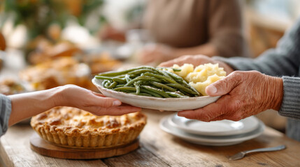 Family gathering with hands passing dishes across rustic wooden table